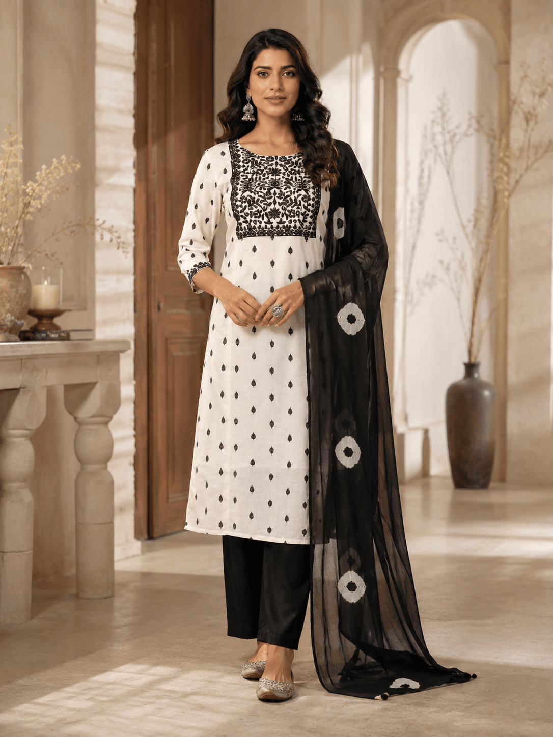Monochrome Meadow Dupatta Set