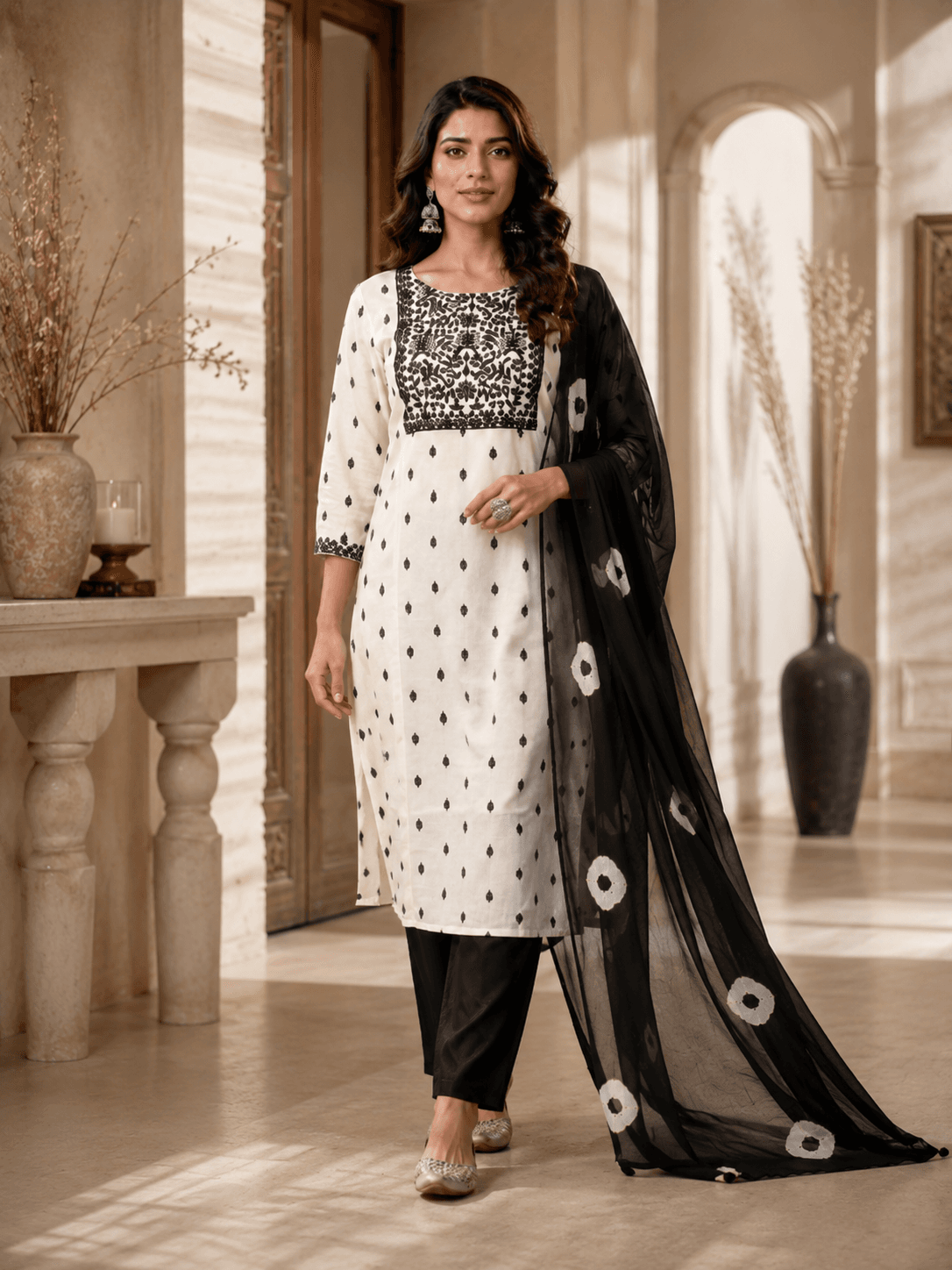 Monochrome Meadow Dupatta Set