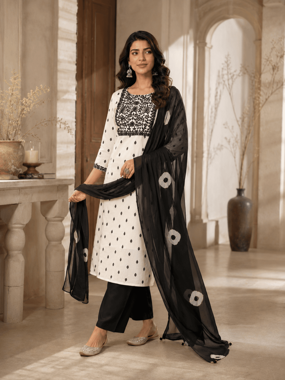 Monochrome Meadow Dupatta Set
