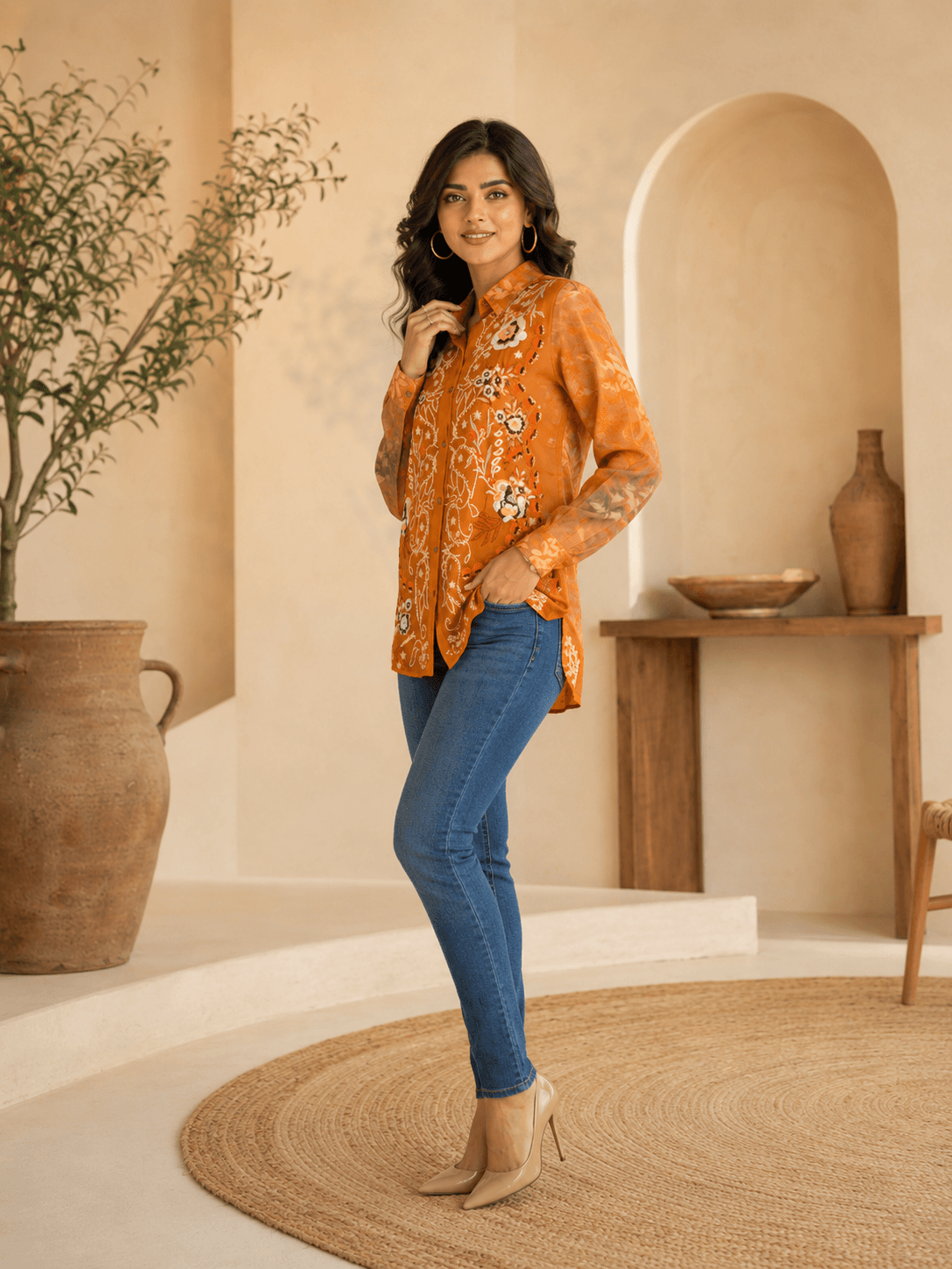 Rust Floral Embroidered Shirt