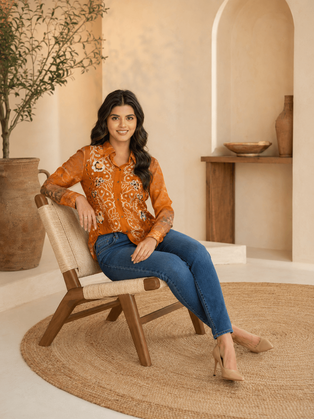 Rust Floral Embroidered Shirt