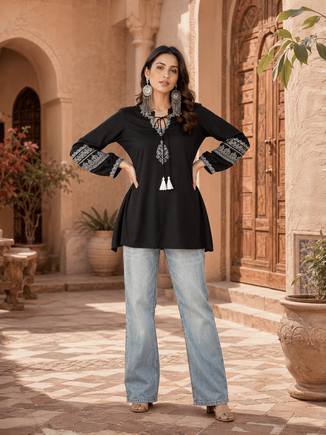 Midnight Embroidered Tassel Top