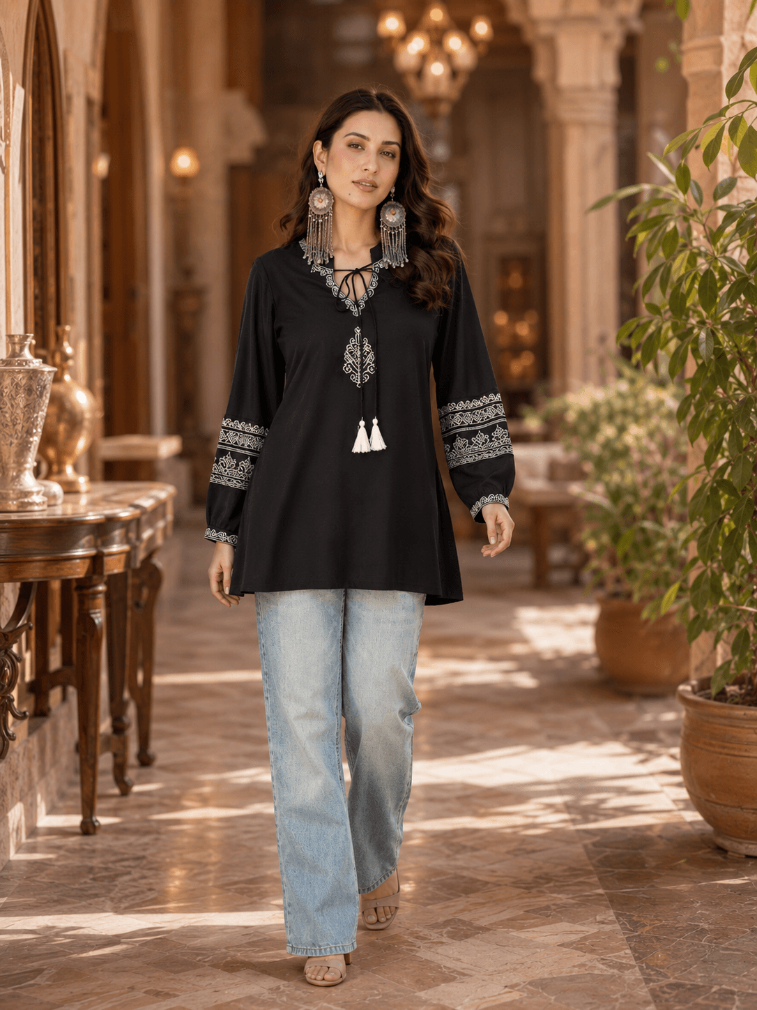 Midnight Embroidered Tassel Top