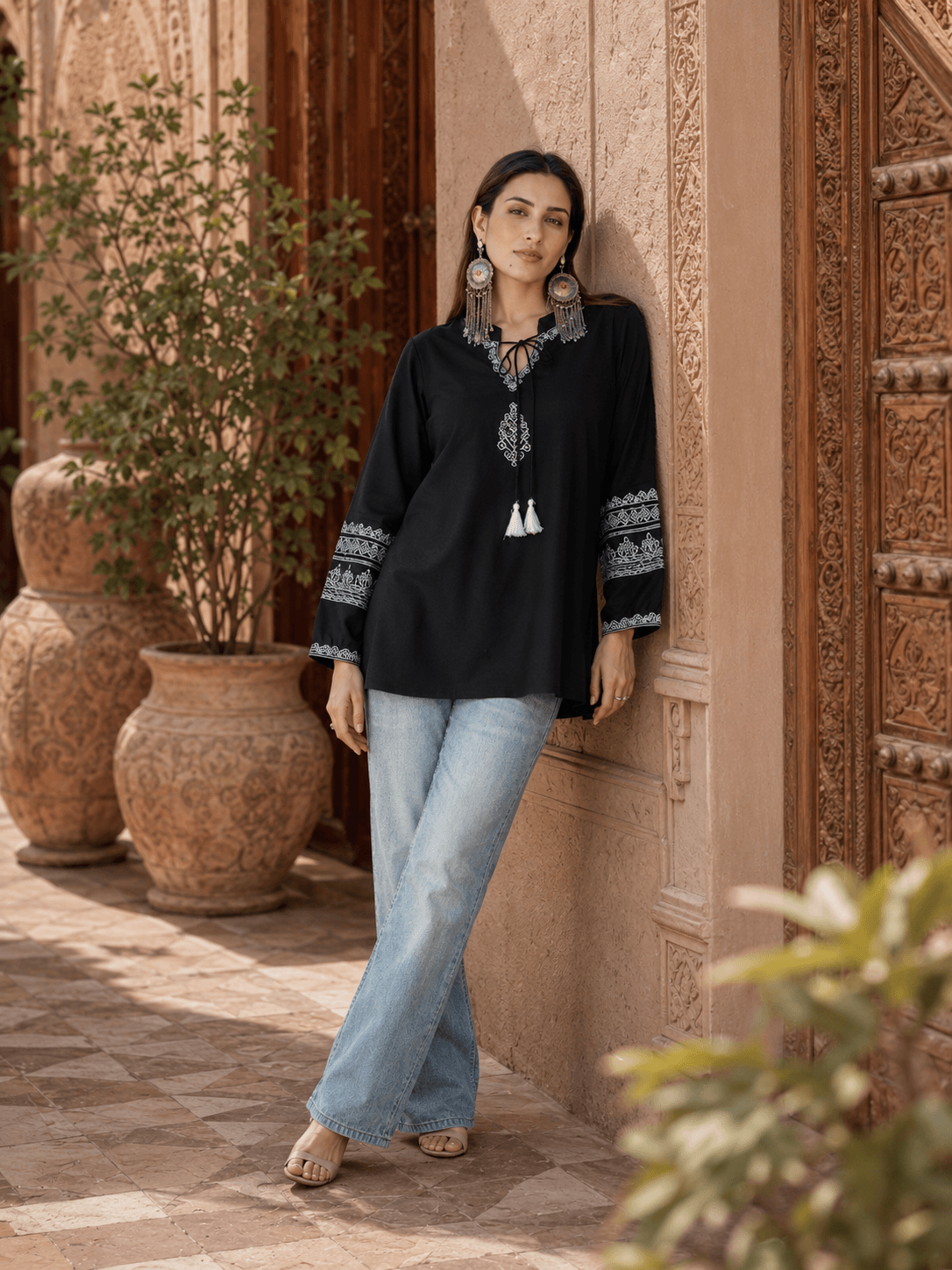 Midnight Embroidered Tassel Top