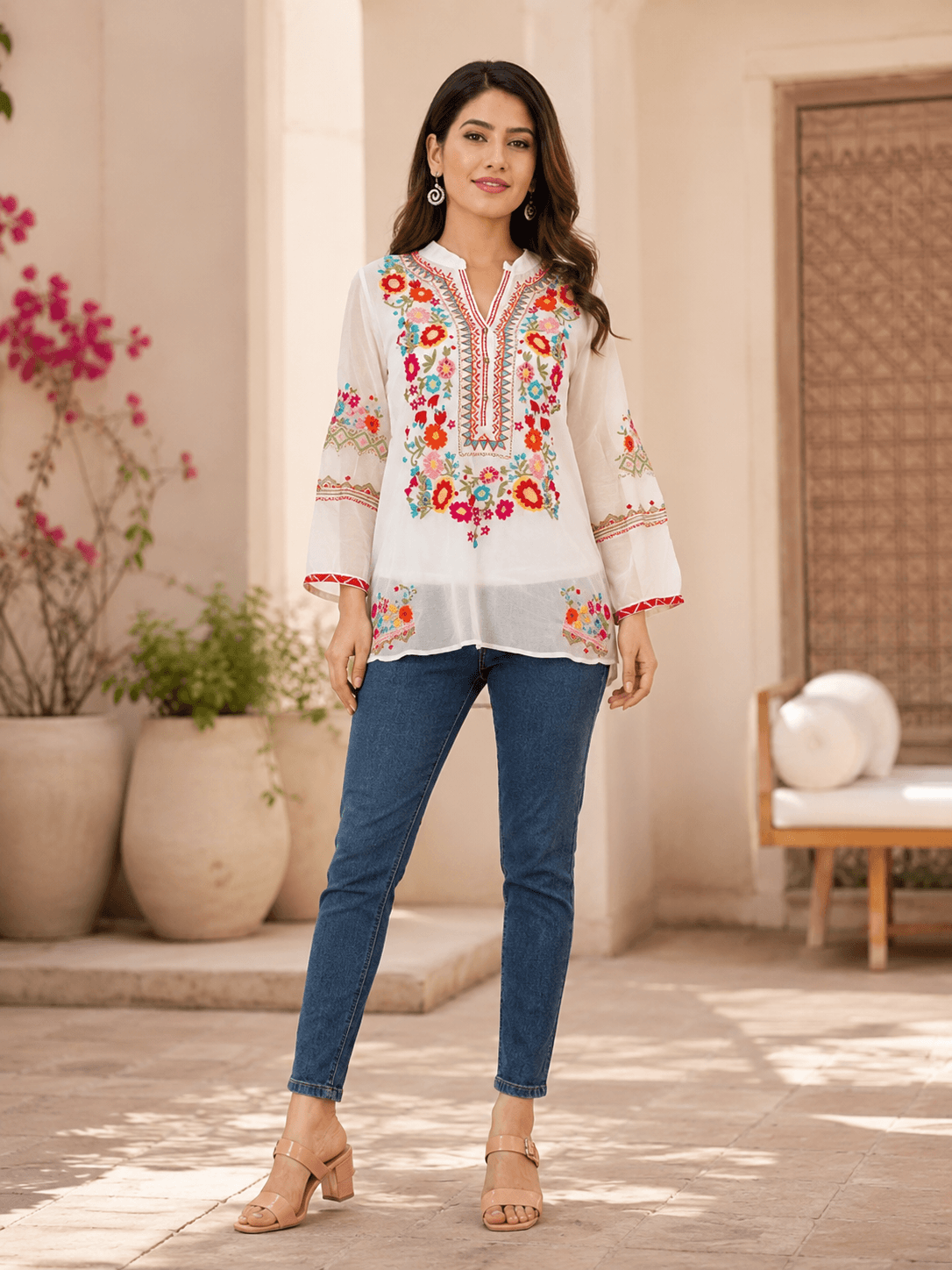 White Viscose Embroidered Top