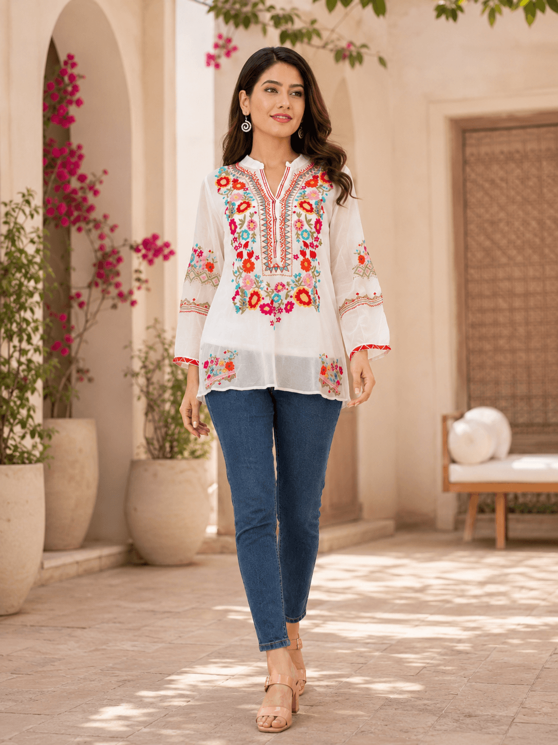 White Viscose Embroidered Top