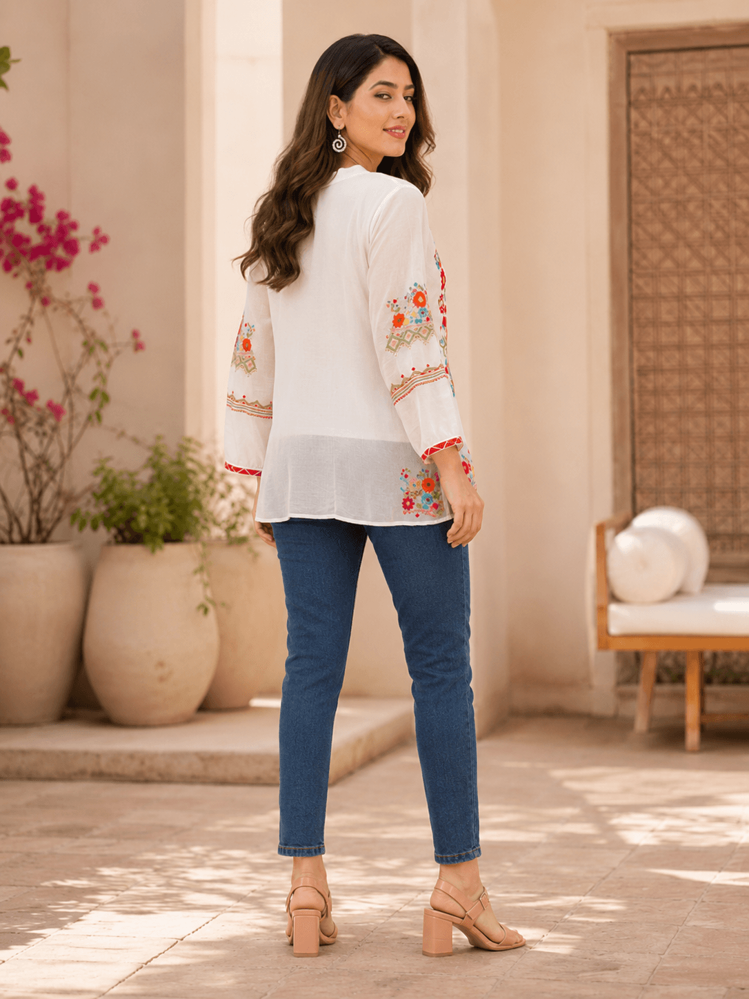 White Viscose Embroidered Top