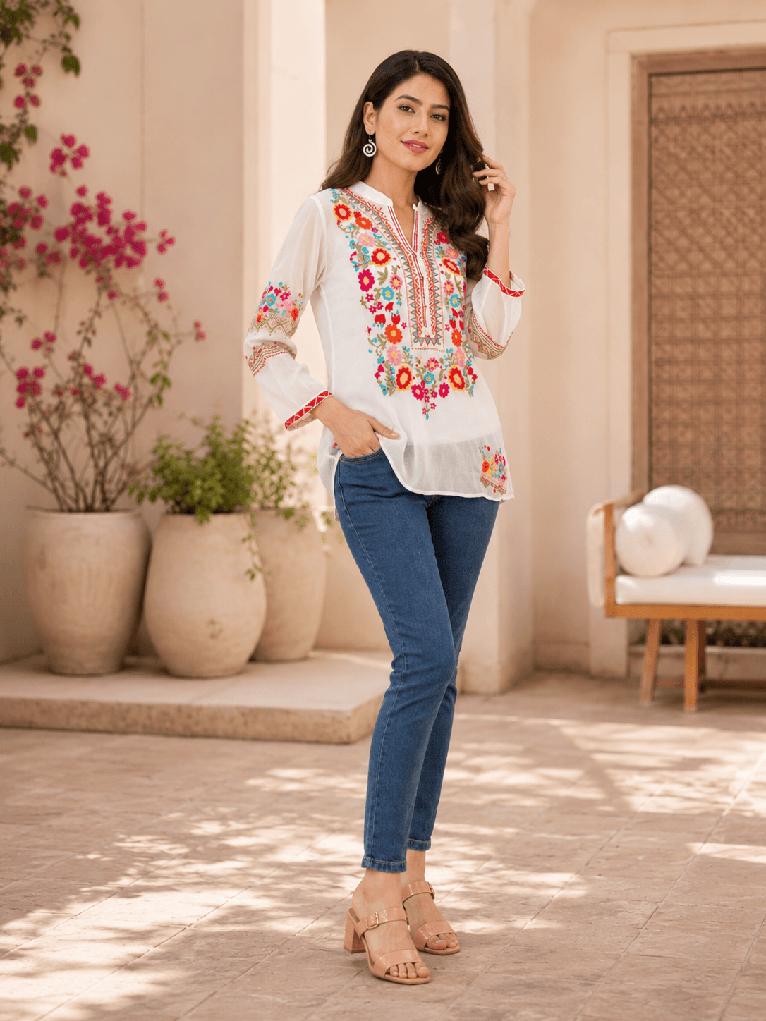 White Viscose Embroidered Top