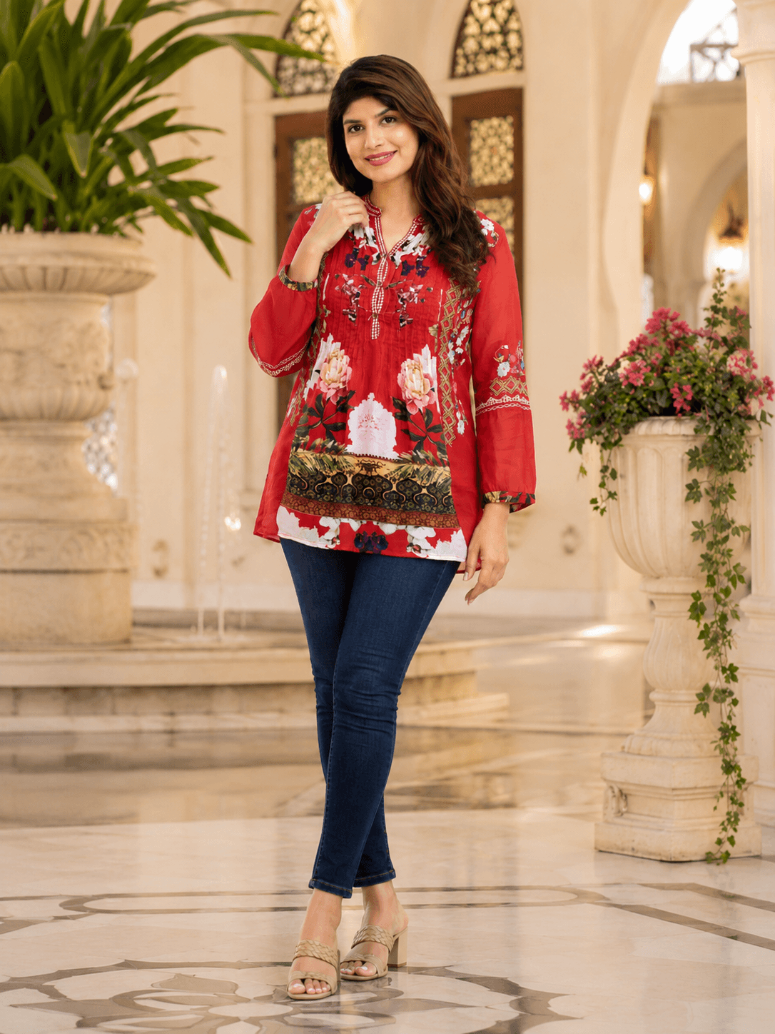 Red Floral Viscose Top