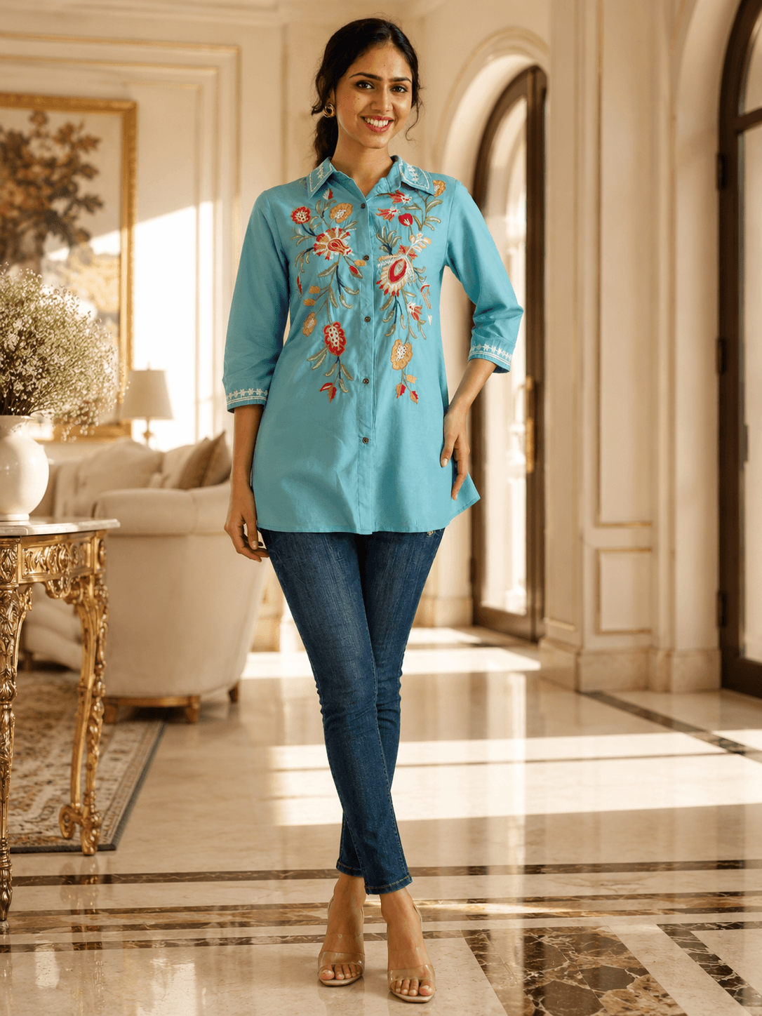 Sky Blue Floral Embroidered Shirt