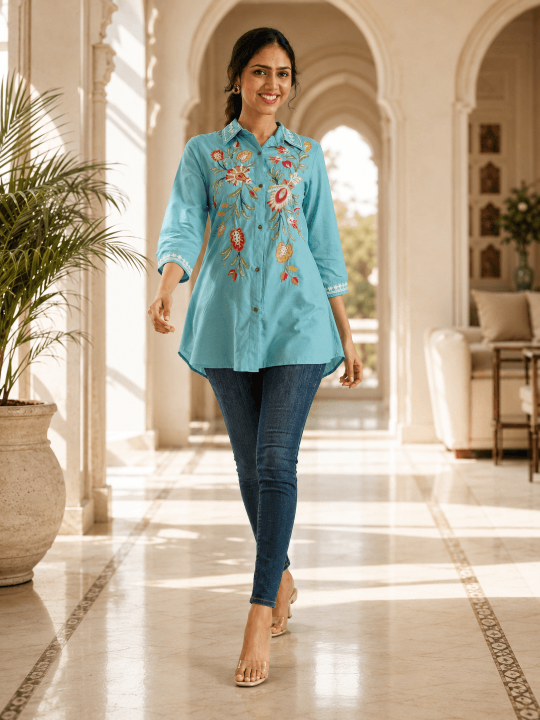 Sky Blue Floral Embroidered Shirt
