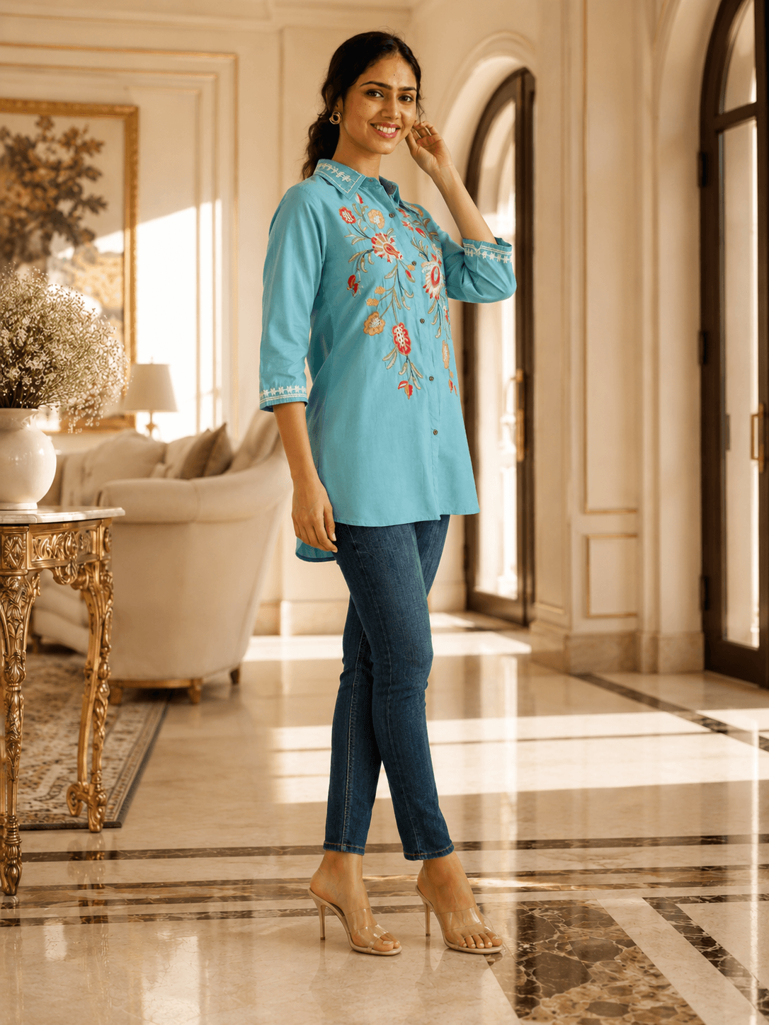 Sky Blue Floral Embroidered Shirt