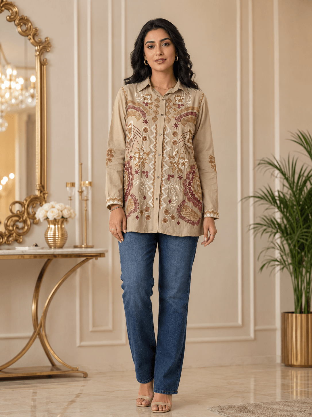 Elegant Embroidered Beige Shirt