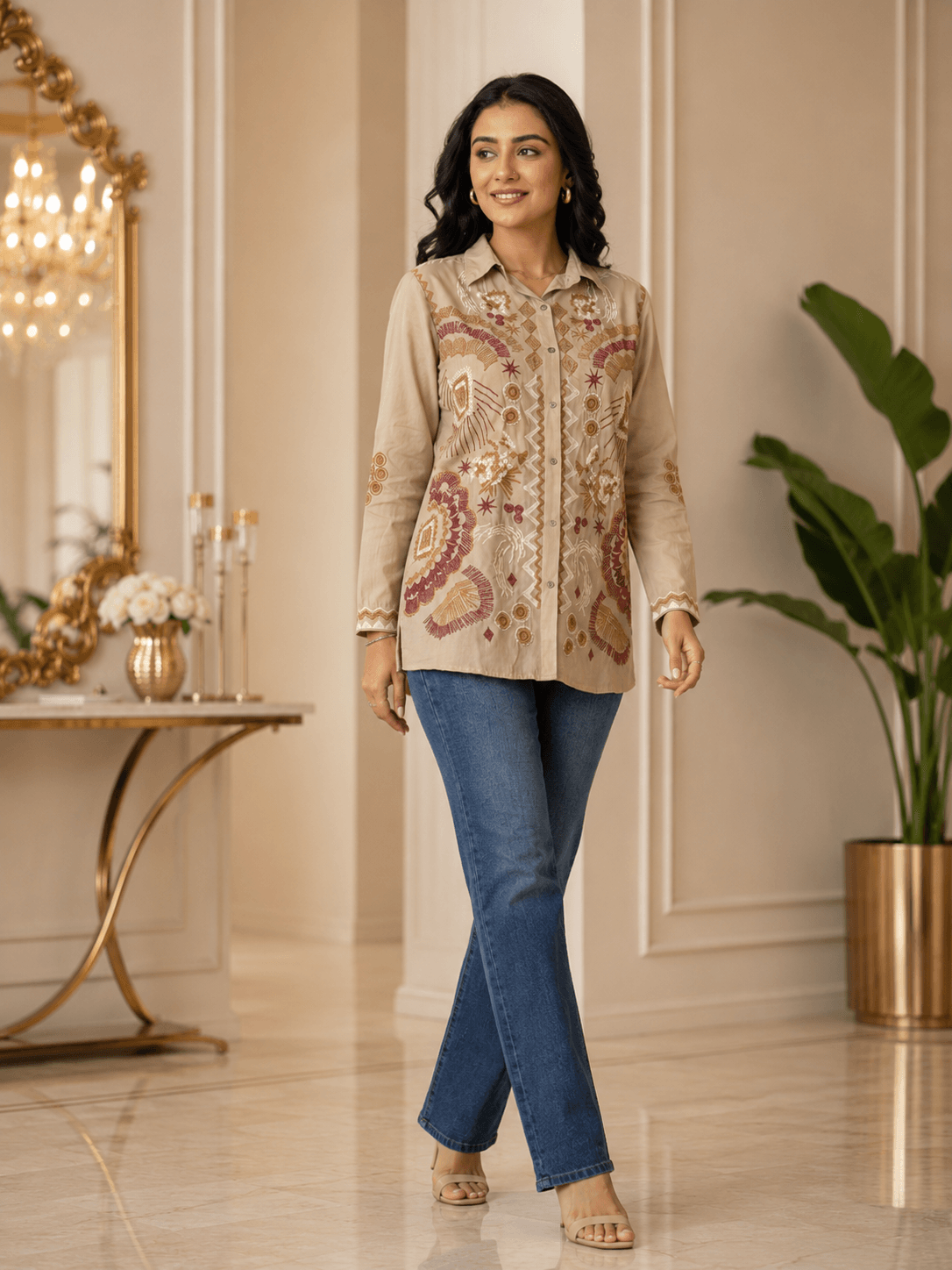 Elegant Embroidered Beige Shirt