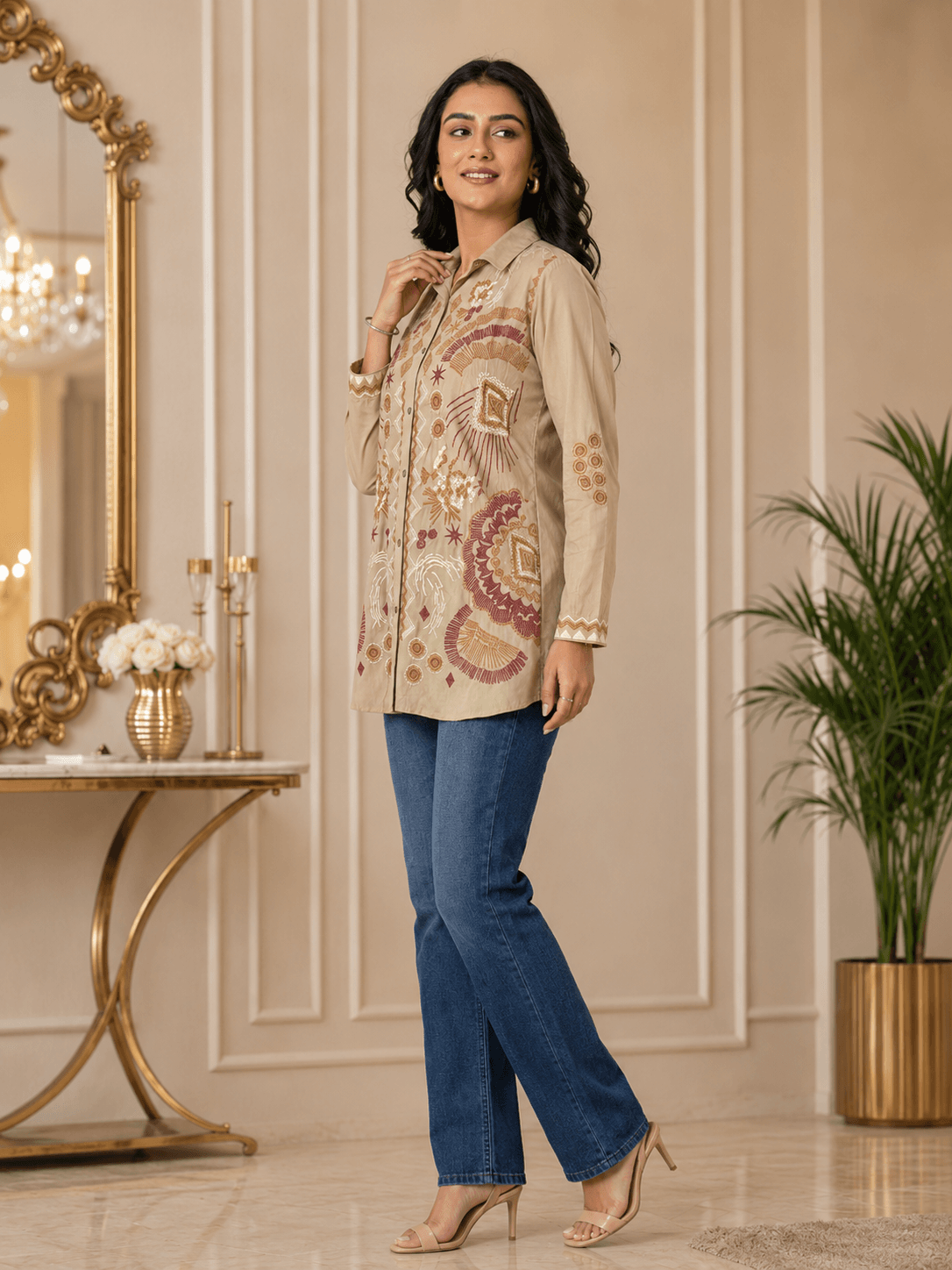 Elegant Embroidered Beige Shirt
