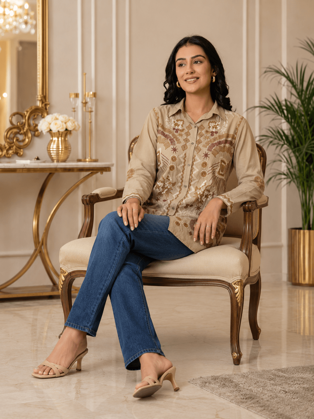 Elegant Embroidered Beige Shirt