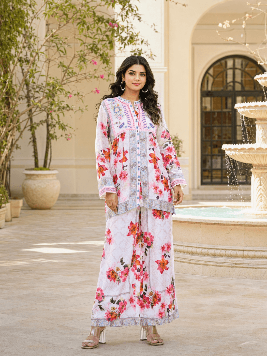 White Floral Printed Cord Set