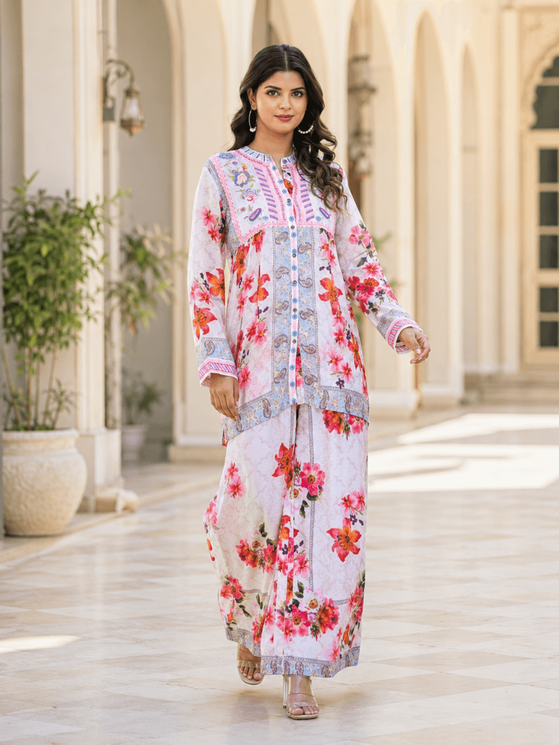 White Floral Printed Cord Set
