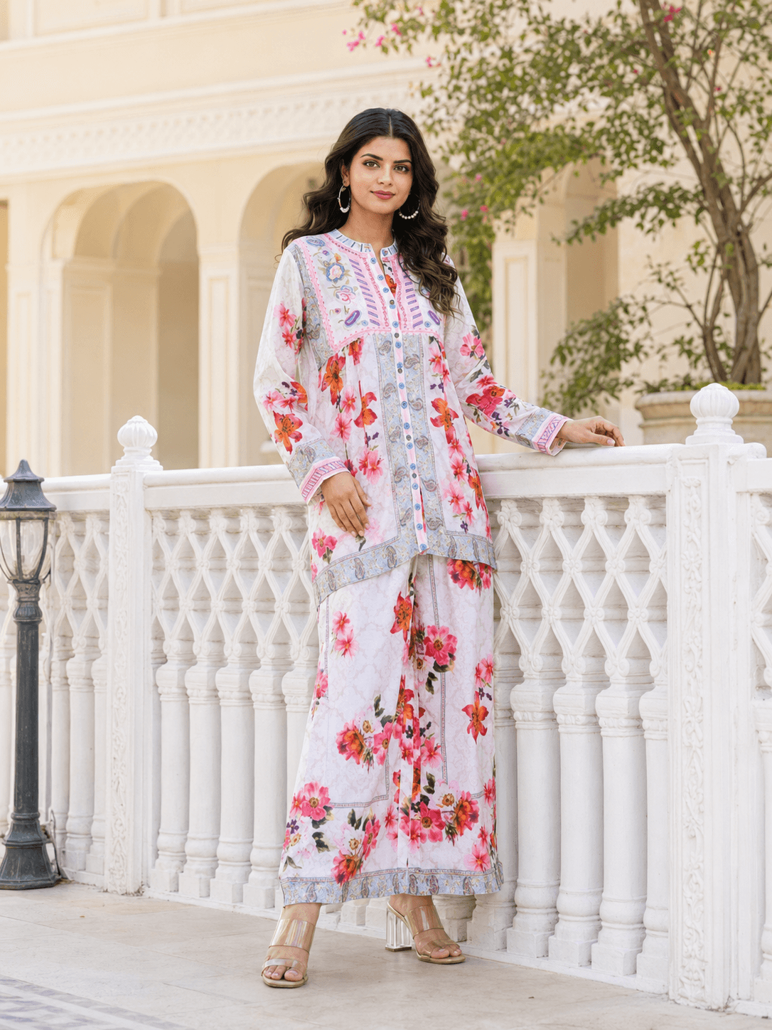 White Floral Printed Cord Set
