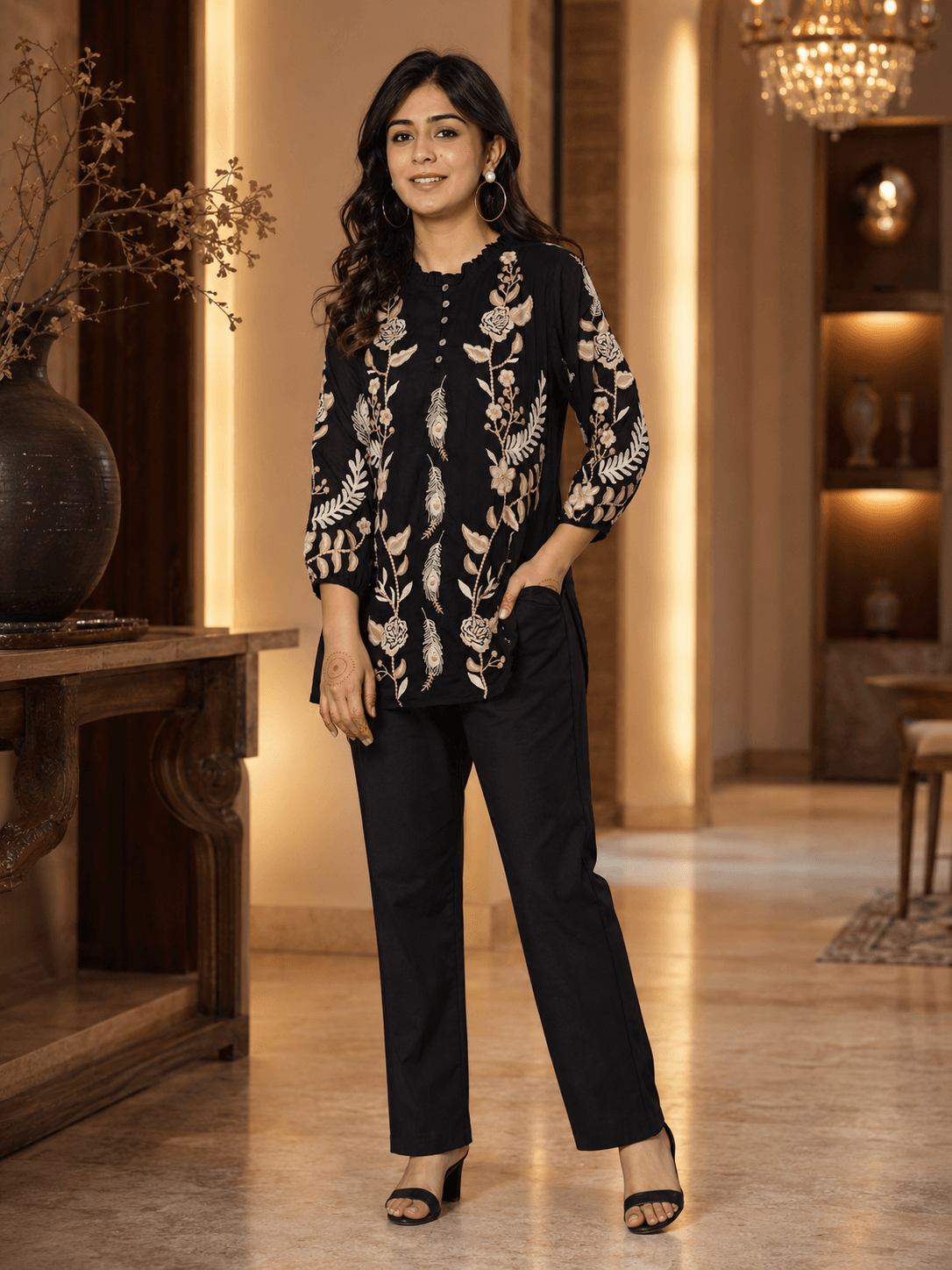 Black Embroidered Viscose Top