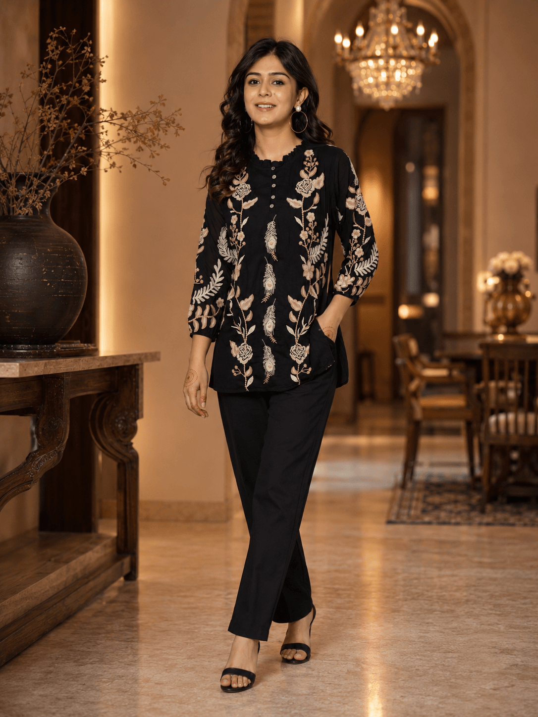 Black Embroidered Viscose Top