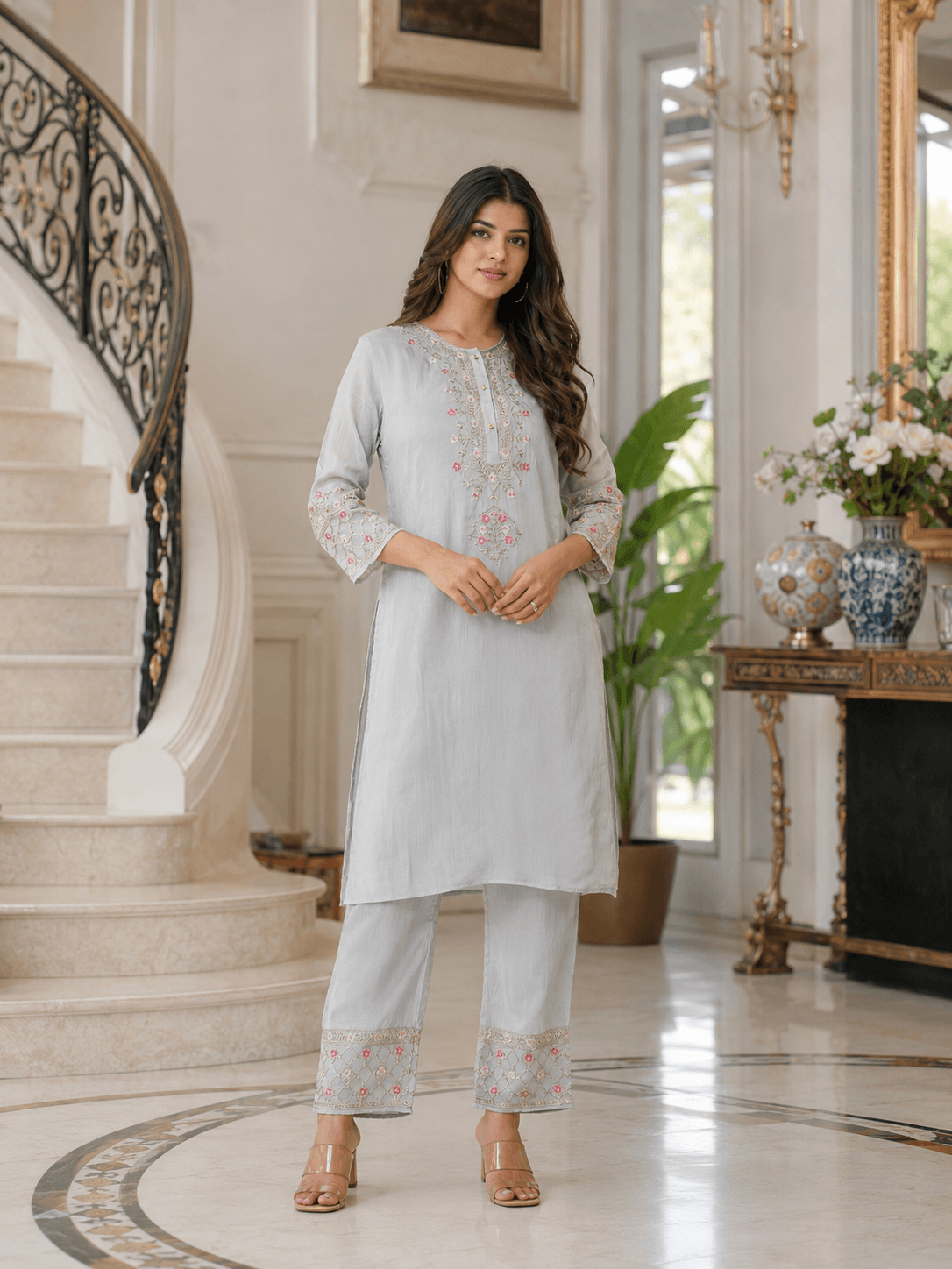 Grey Embroidered Kurta Set