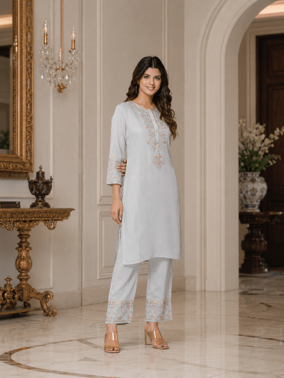 Grey Embroidered Kurta Set
