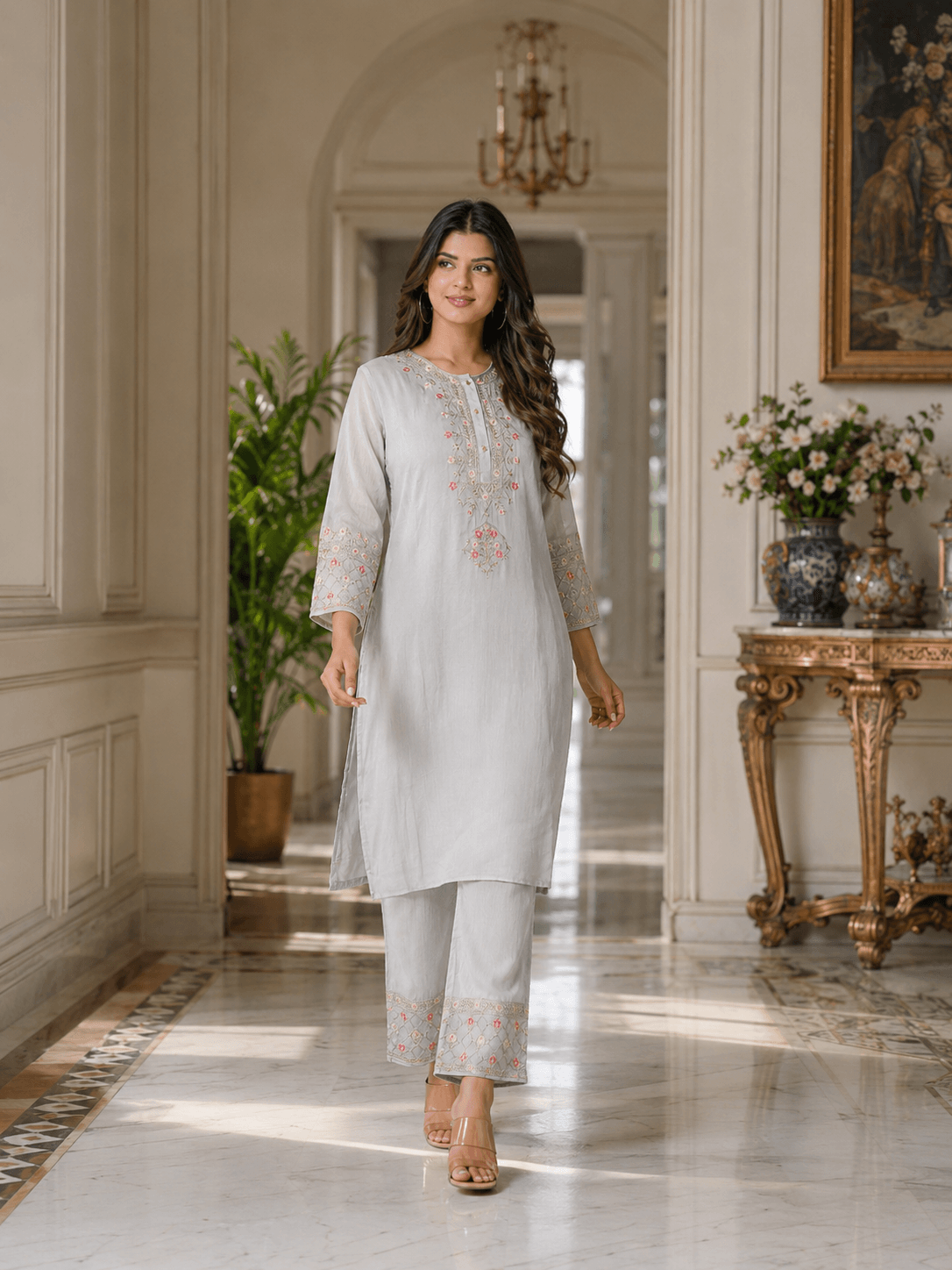 Grey Embroidered Kurta Set