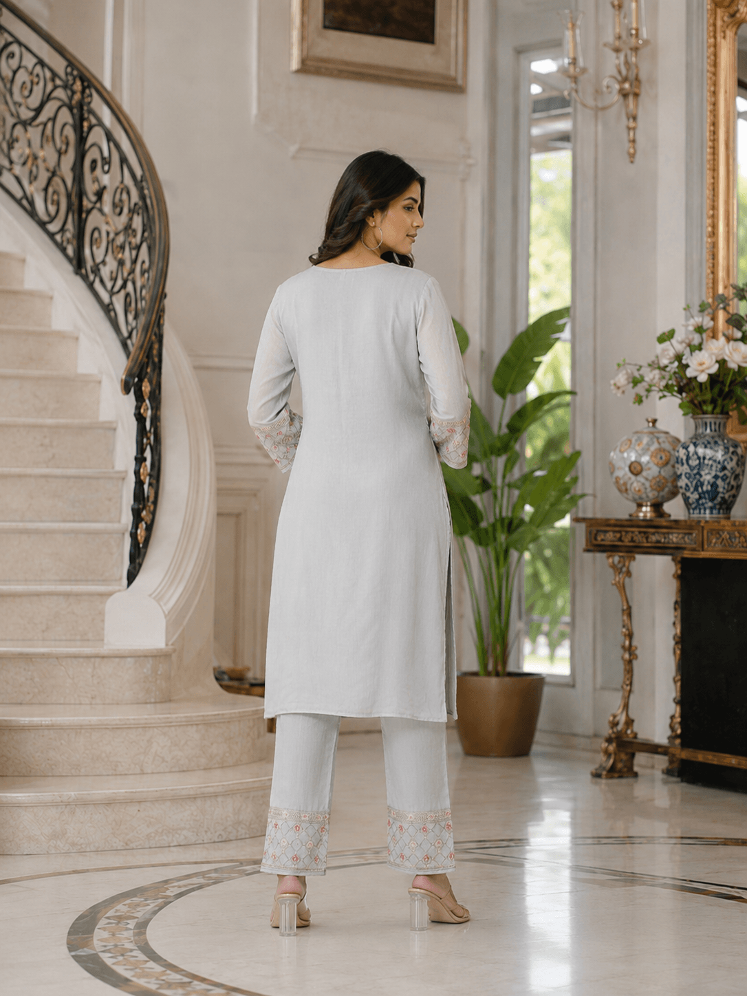 Grey Embroidered Kurta Set