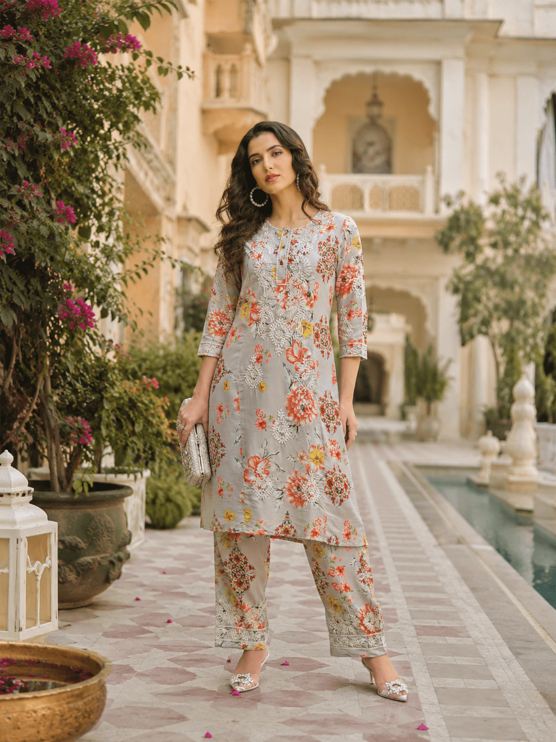 Beige Floral Embroidered Kurta Set