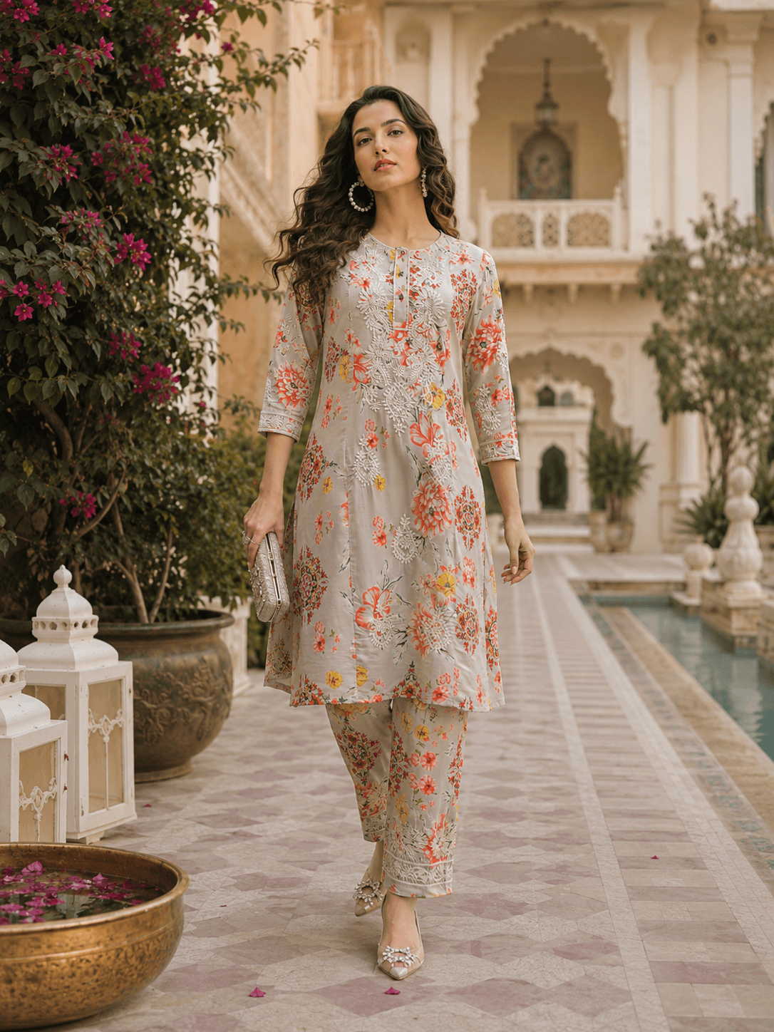 Beige Floral Embroidered Kurta Set