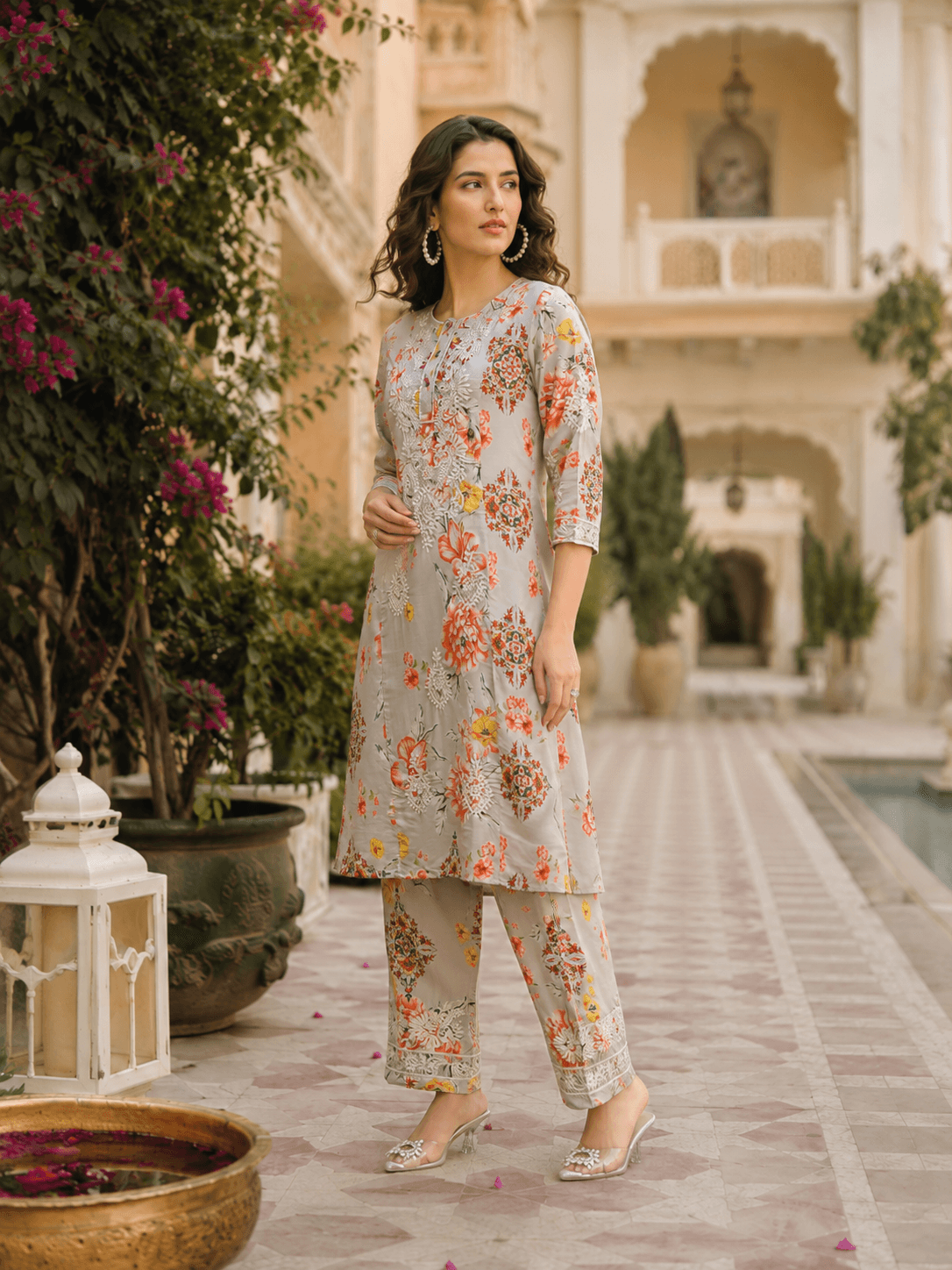 Beige Floral Embroidered Kurta Set