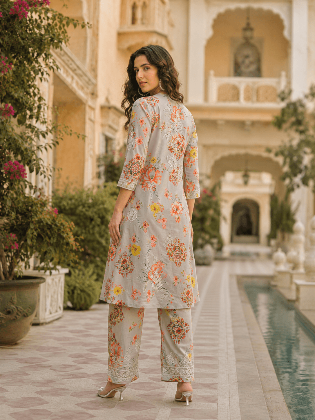 Beige Floral Embroidered Kurta Set