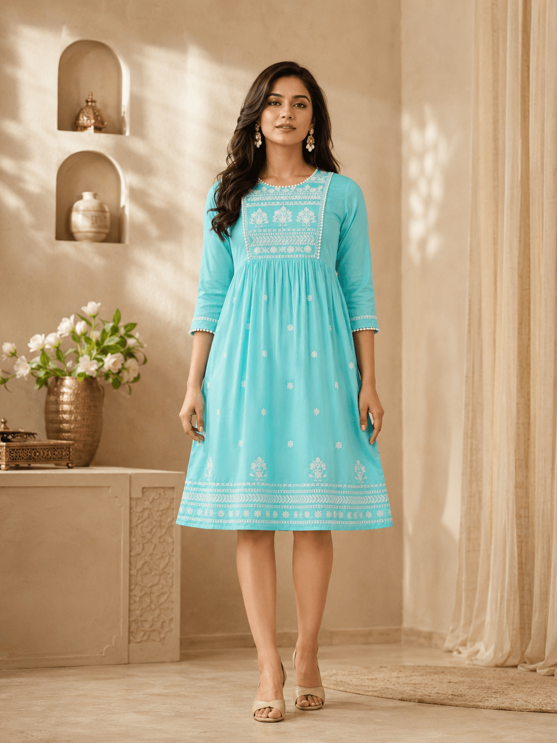 Aqua Blue Embroidered Viscose One Pcs