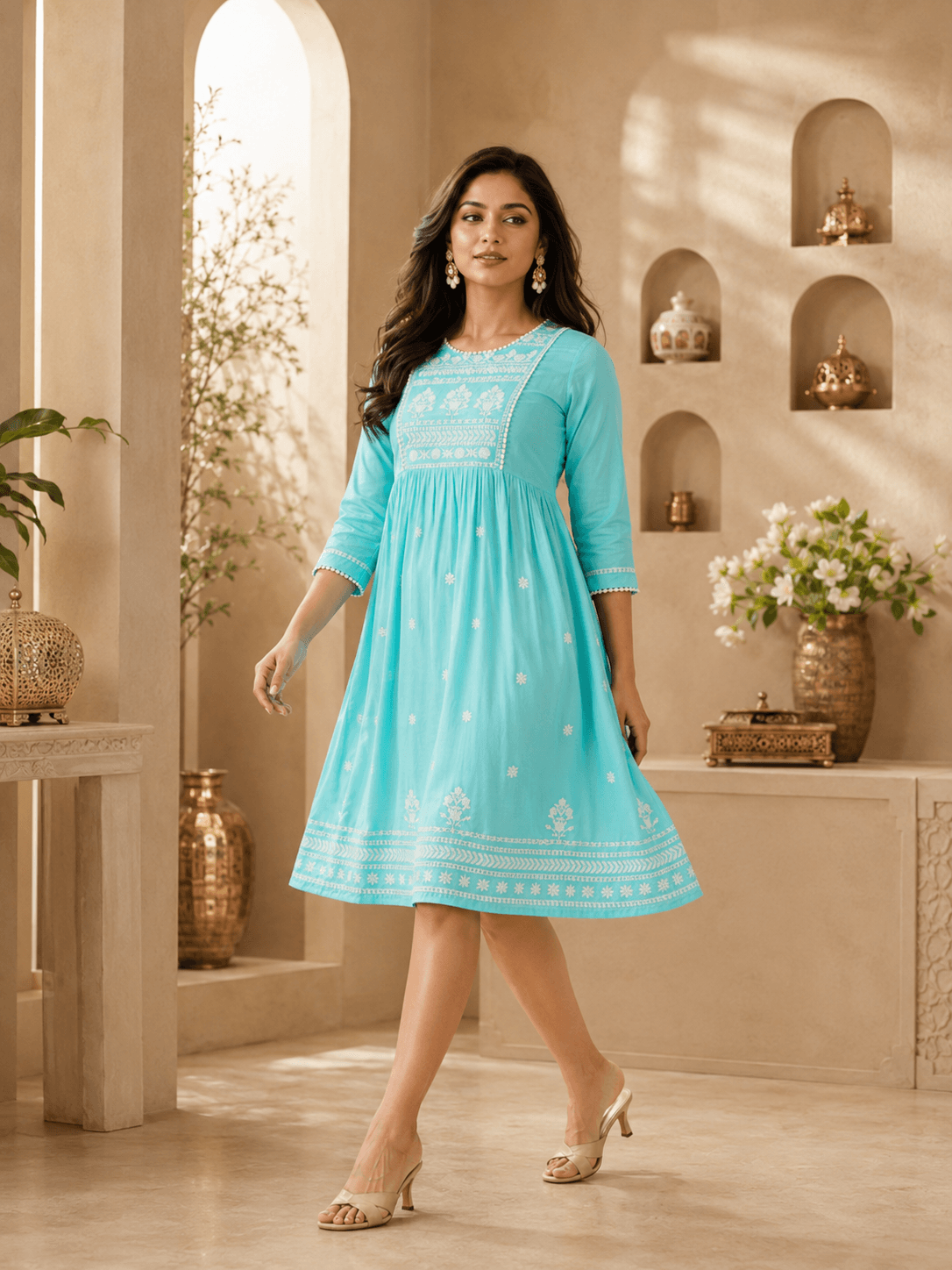 Aqua Blue Embroidered Viscose One Pcs