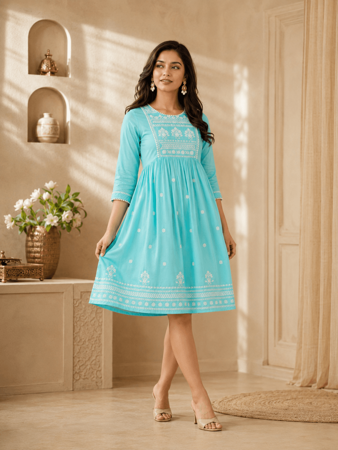 Aqua Blue Embroidered Viscose One Pcs