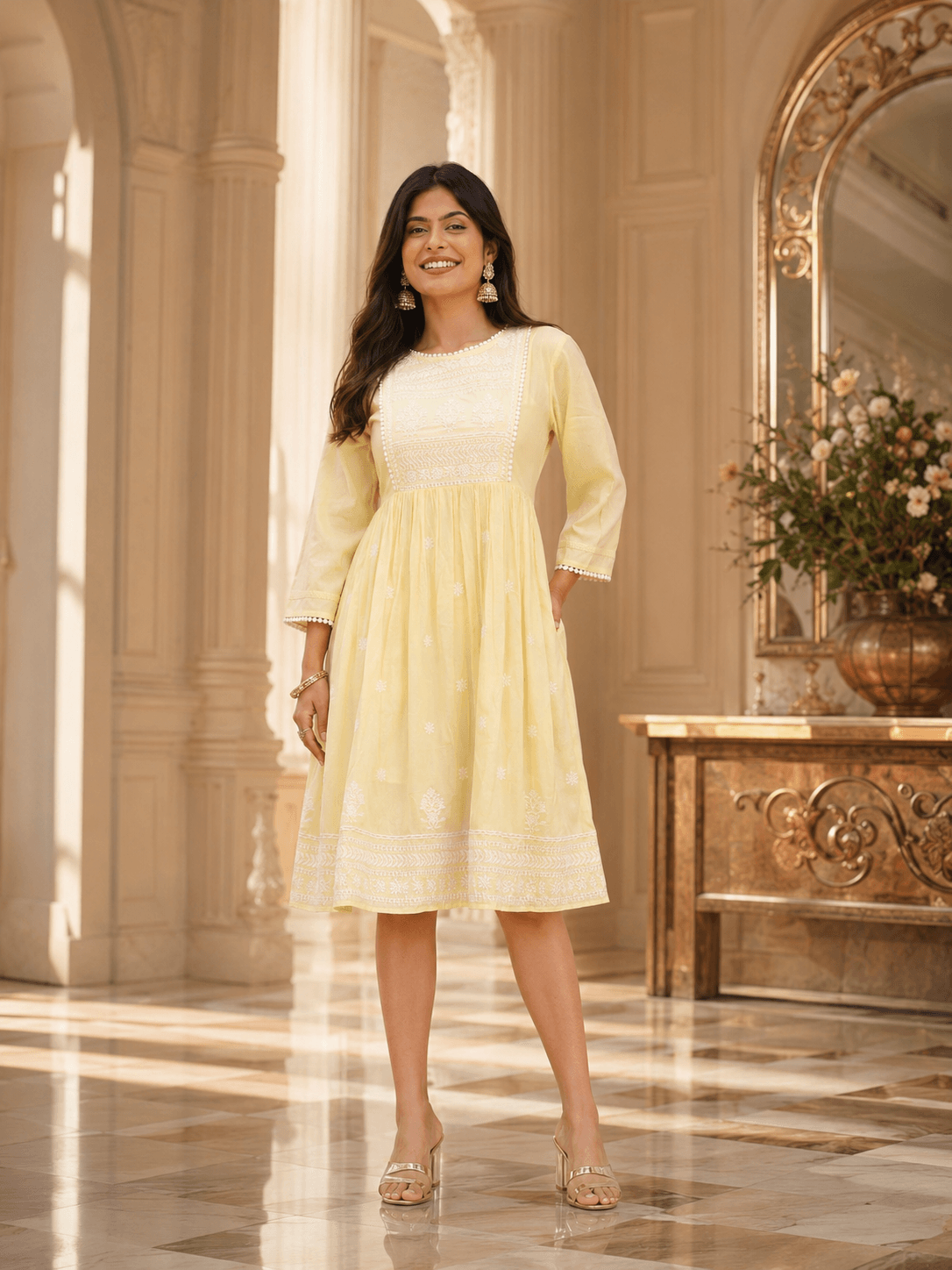 Soft Yellow Embroidered Viscose One Pcs