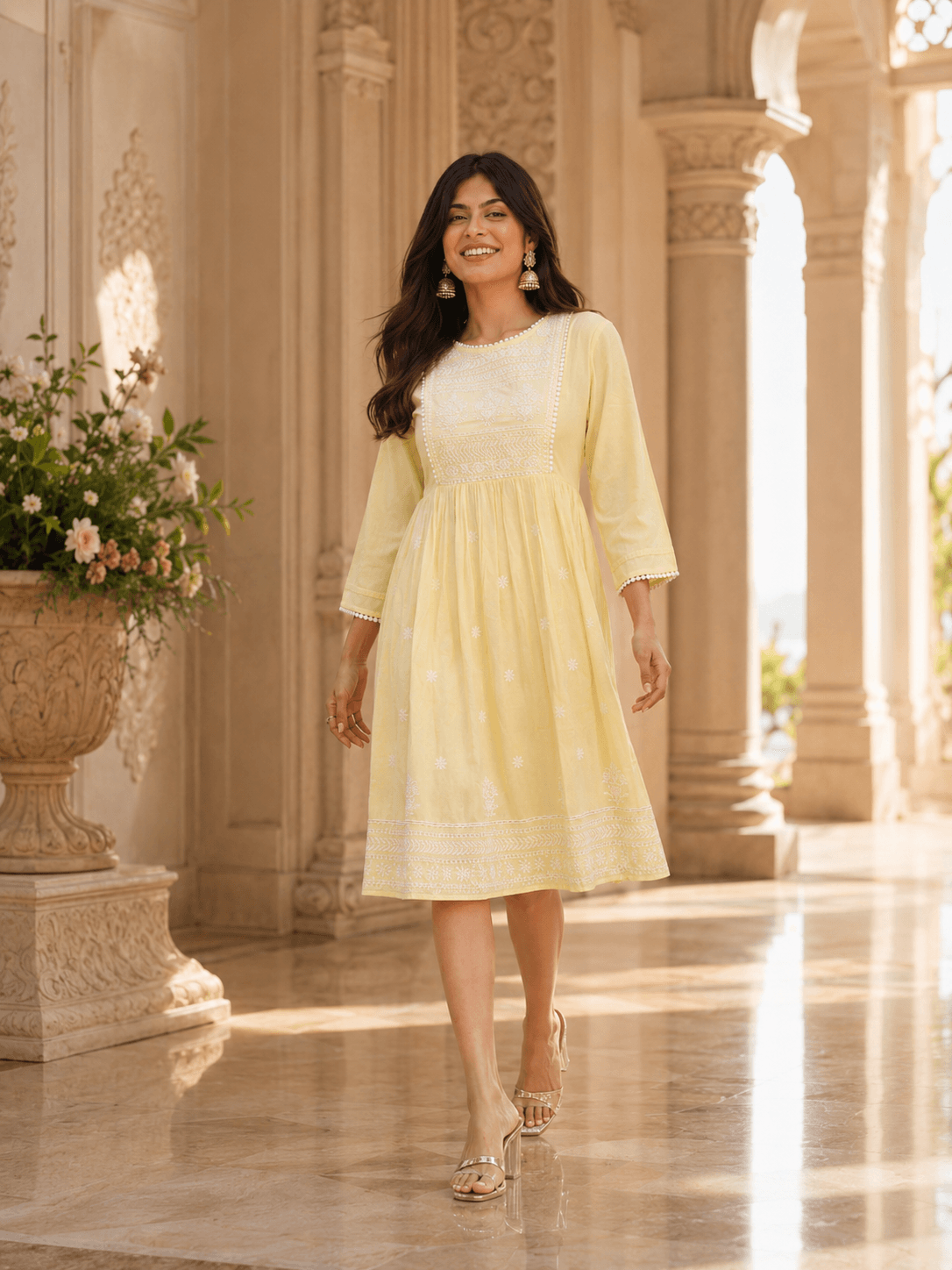 Soft Yellow Embroidered Viscose One Pcs