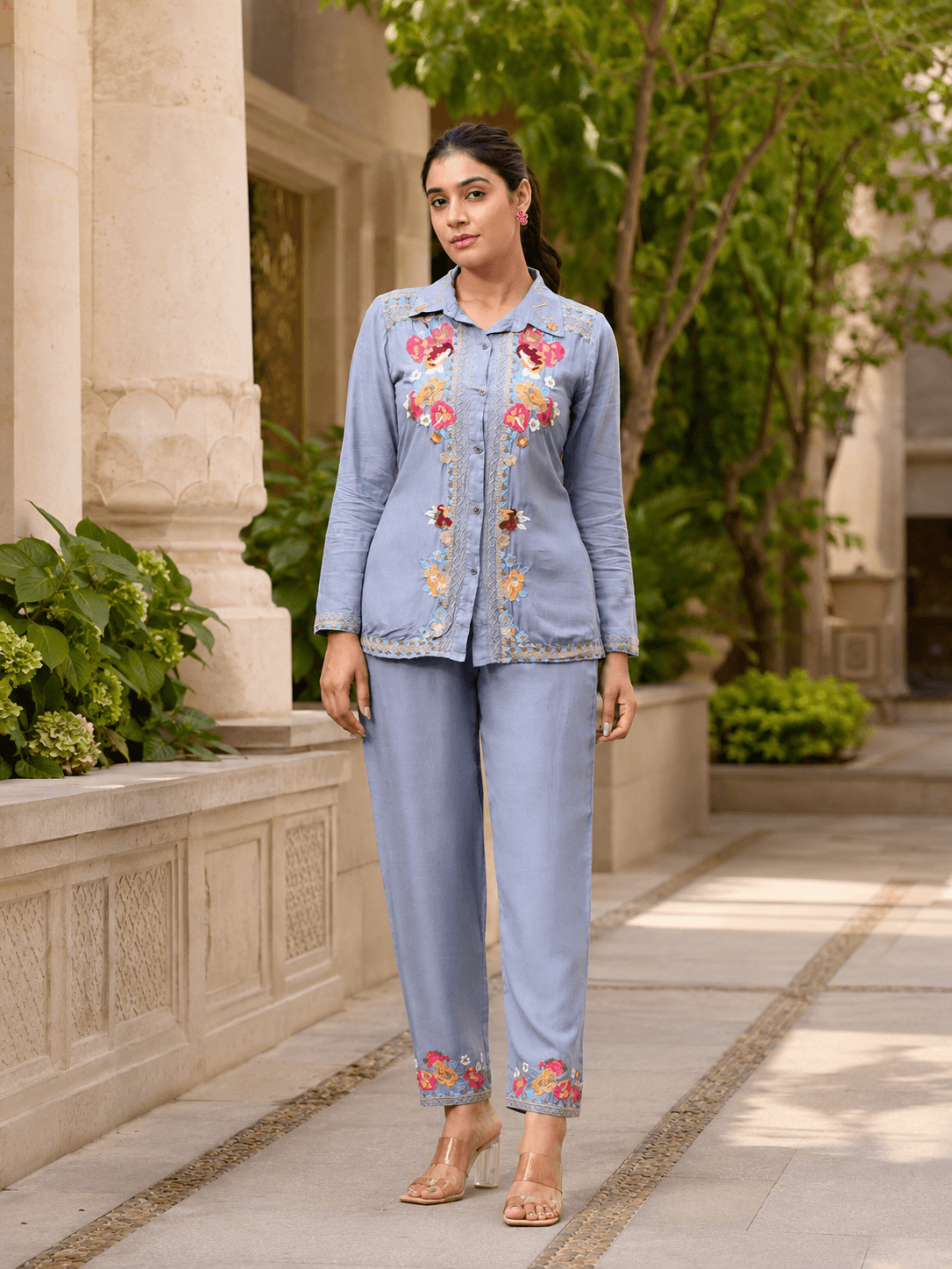 Grey Embroidered Viscose Co-Ord Set