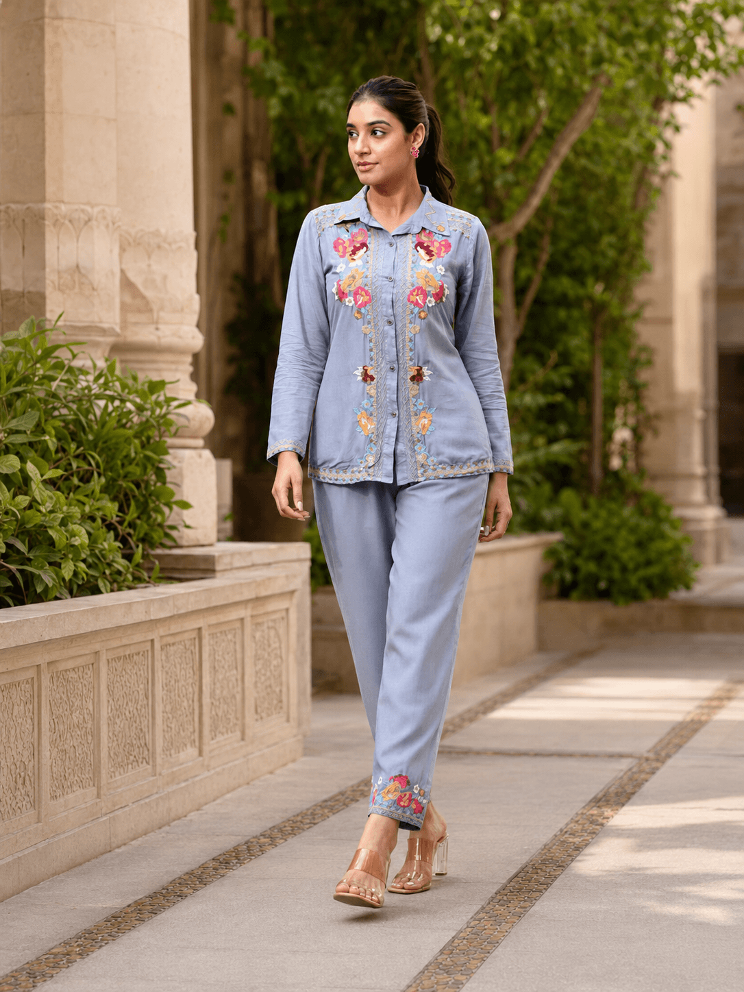 Grey Embroidered Viscose Co-Ord Set