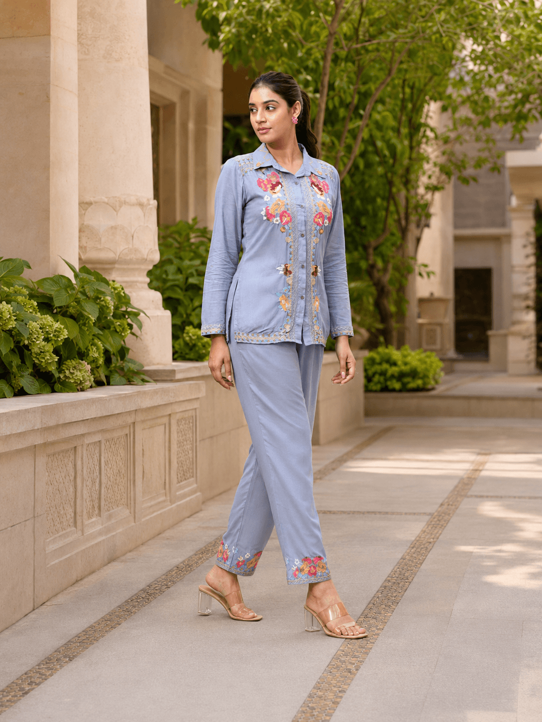 Grey Embroidered Viscose Co-Ord Set