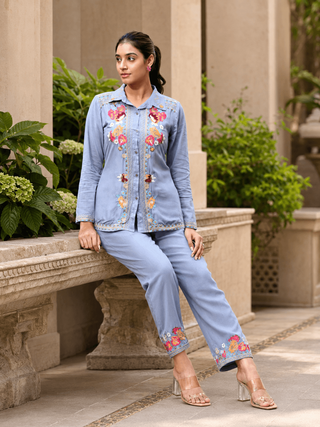 Grey Embroidered Viscose Co-Ord Set