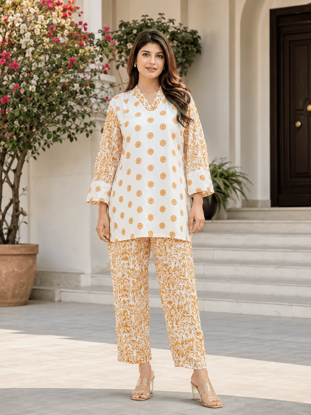White & Mustard Printed Co-Ord Set
