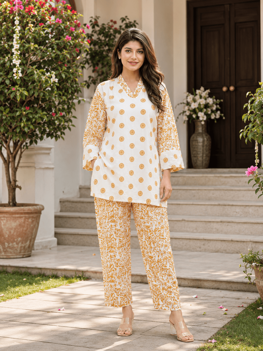 White & Mustard Printed Co-Ord Set