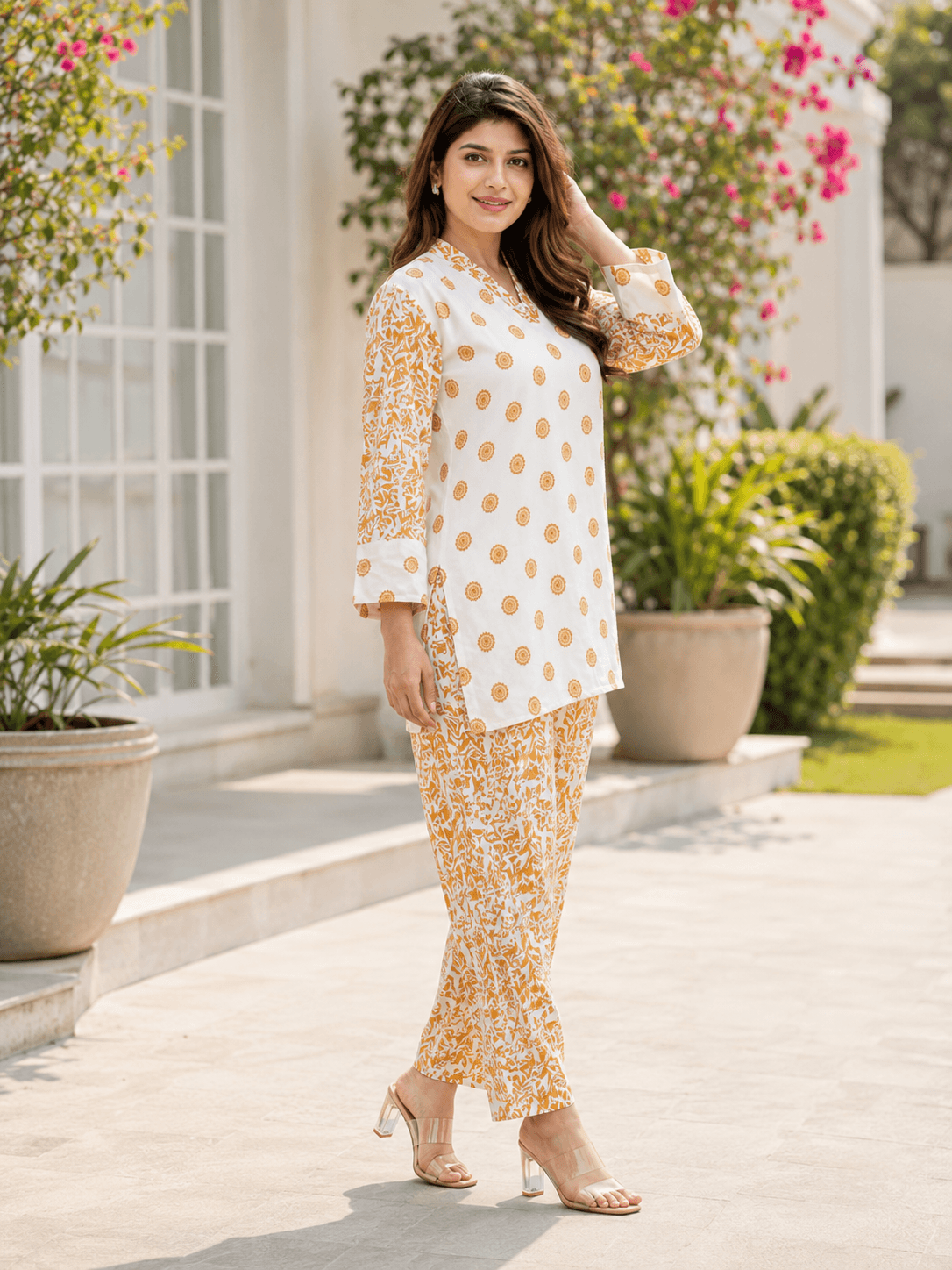 White & Mustard Printed Co-Ord Set