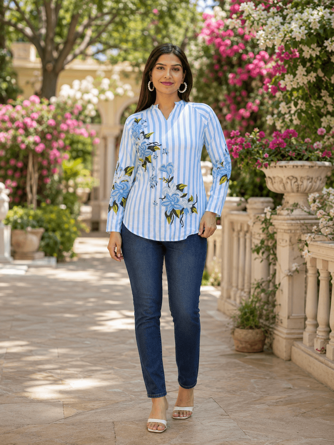 Blue Striped Floral Viscose Top
