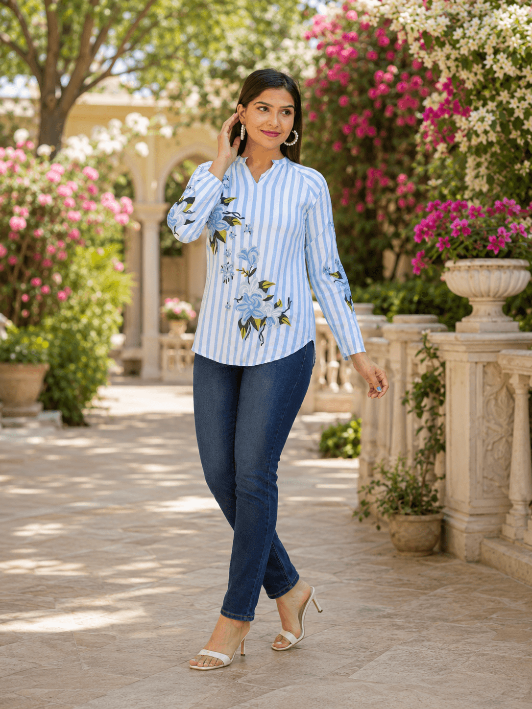 Blue Striped Floral Viscose Top