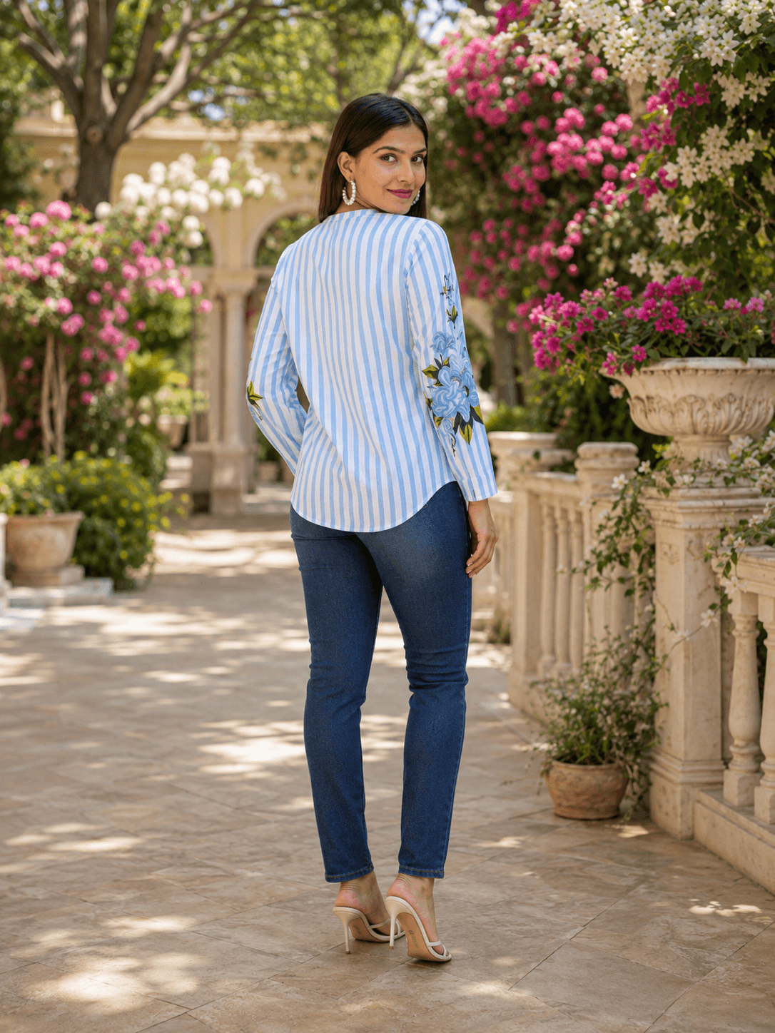 Blue Striped Floral Viscose Top