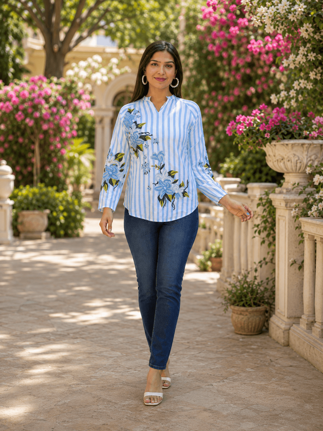 Blue Striped Floral Viscose Top