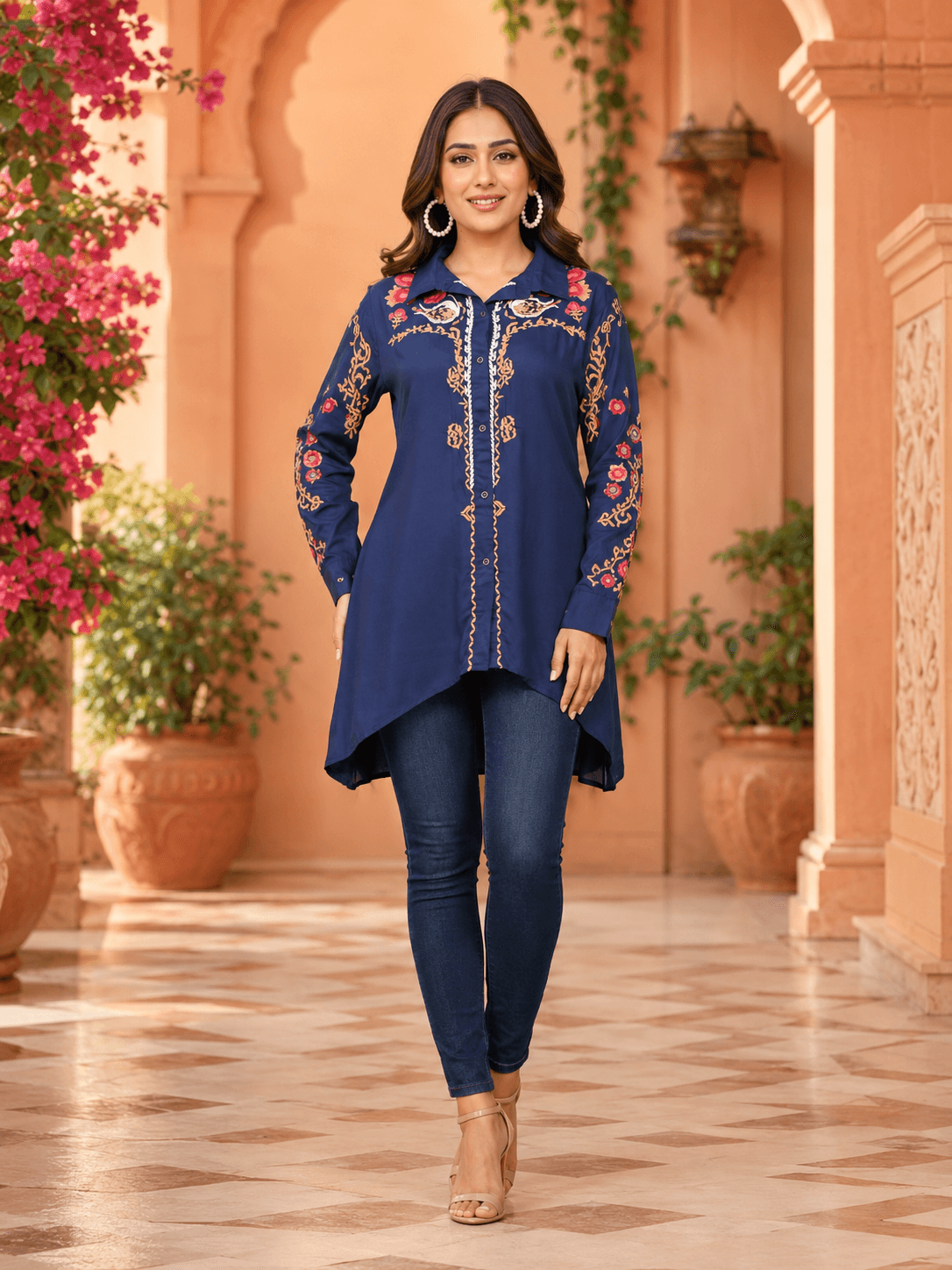 Navy Embroidered Cotton Shirt